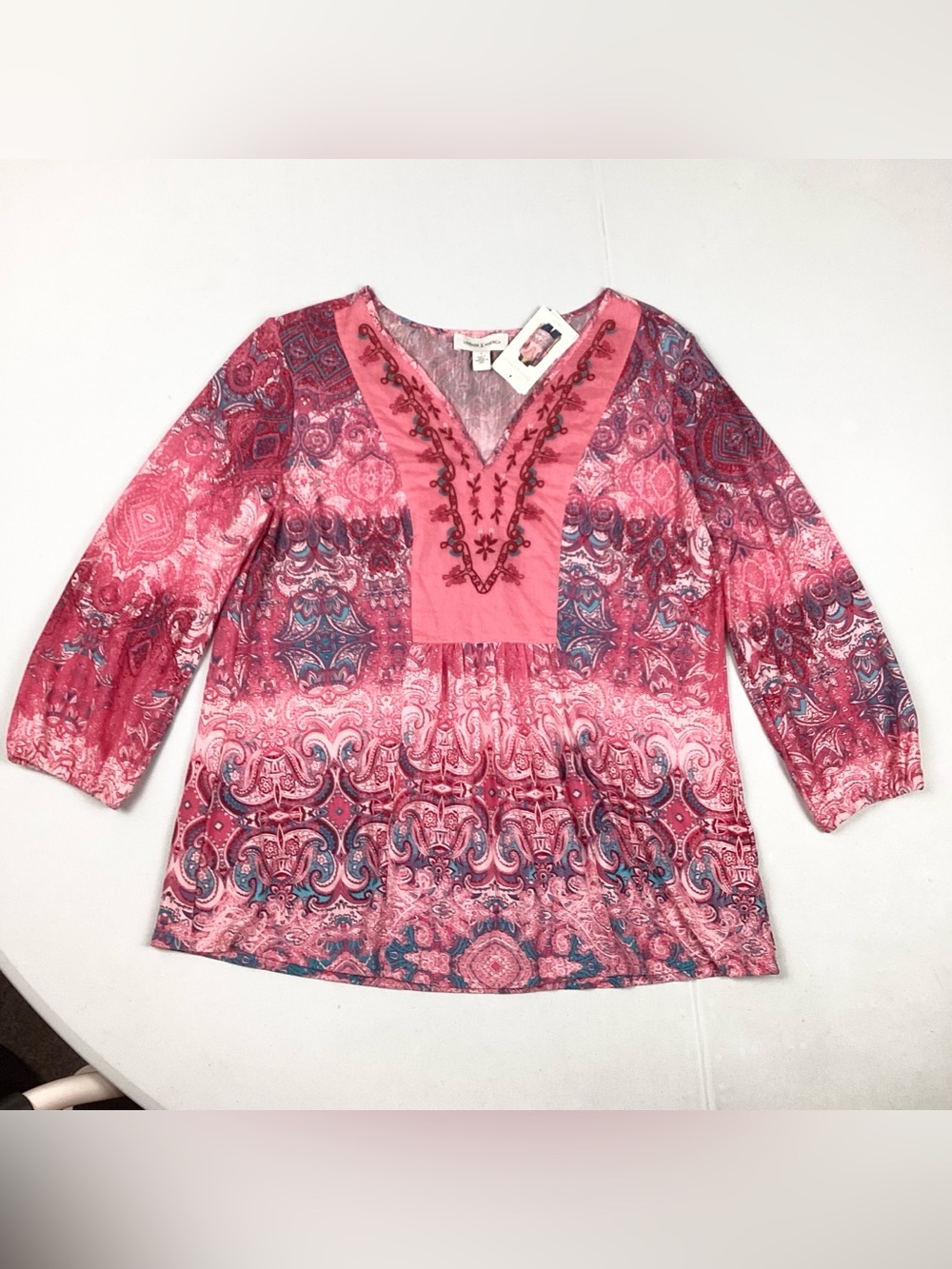 Vintage America Pink Paisley Embroidered V-Neck Blouse Small New! Retail $69.50